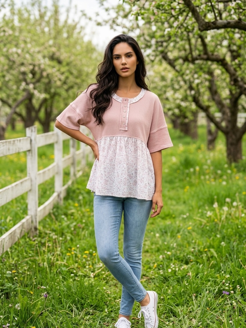 Waffle Knit Pink Mixed-Print Peplum Top - Picture 8 of 12